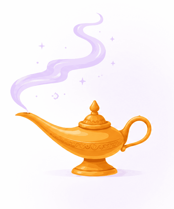 A golden genie magic lamp with a gentle wisp of lavender smoke
